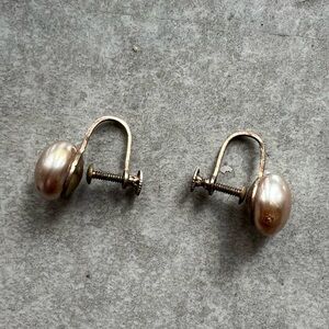 Clip On Earrings South Sea Pearl Button Earrings Vintage CA 1940’s Silver